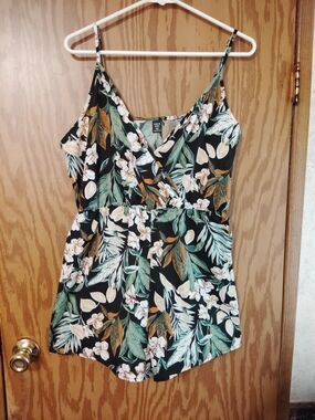 Floral Print Black Cami Romper with Green Leaf Accents
